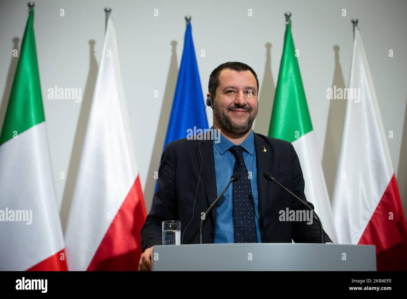 Vice-Premier ministre italien Matteo Salvini lors de la conférence de presse avec le ministre polonais de l'intérieur Joachim Brudzinski au ministère de l'intérieur à Varsovie, Pologne, le 9 janvier 2019 (photo de Mateusz Wlodarczyk/NurPhoto) Banque D'Images