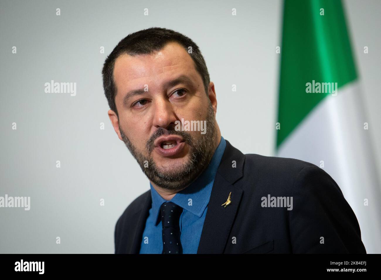 Vice-Premier ministre italien Matteo Salvini lors de la conférence de presse avec le ministre polonais de l'intérieur Joachim Brudzinski au ministère de l'intérieur à Varsovie, Pologne, le 9 janvier 2019 (photo de Mateusz Wlodarczyk/NurPhoto) Banque D'Images