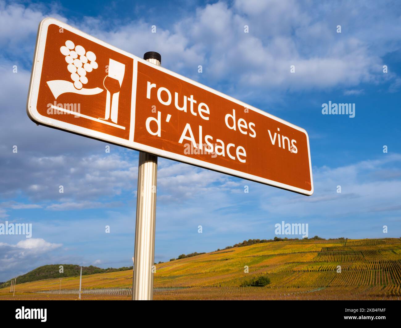 Un panneau et un symbole de la route des vins en Alsace, France. Traduction anglaise : route des vins d'Alsace Banque D'Images