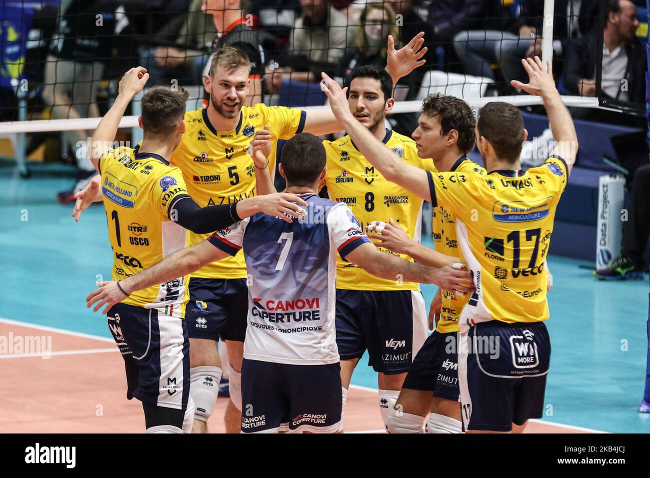 Modena Volley lors du match de la Ligue des champions de volley-ball CEV entre Modène et ?ez Karlovarsko à Palapanini sur 16 janvier 2019 à Modène, Italie. (Photo par Emmanuele Ciancaglini/NurPhoto) Banque D'Images