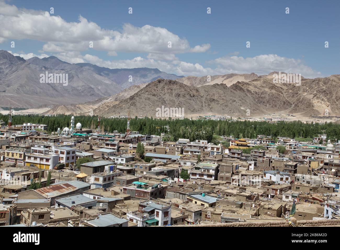 Vue sur une section de la ville de Leh située dans la vallée de l'Indus à Ladakh, Jammu et Cachemire, Inde, sur 07 juillet 2014. Leh est à une altitude de 3 524 mètres (11 562 pieds), et a été une étape importante sur les routes commerciales le long de la vallée de l'Indus entre l'Inde et la Chine pendant des siècles. (Photo de Creative Touch Imaging Ltd./NurPhoto) Banque D'Images