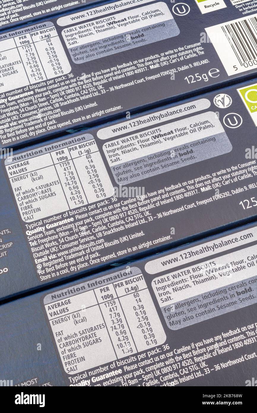 Gros plan de l'étiquette de nutrition sur un paquet de biscuits d'eau de table de Carr contenant des renseignements sur l'alimentation/l'étiquetage nutritionnel des aliments. Pour la teneur en ingrédients. Banque D'Images