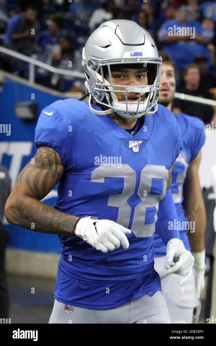 Dos défensif des Lions de Detroit Mike Ford (38) court sur le terrain après la première moitié d'un match de football de la NFL contre les Kansas City Chiefs à Detroit, Michigan, États-Unis, dimanche, 29 septembre 2019. (Photo par Amy Lemus/NurPhoto) Banque D'Images