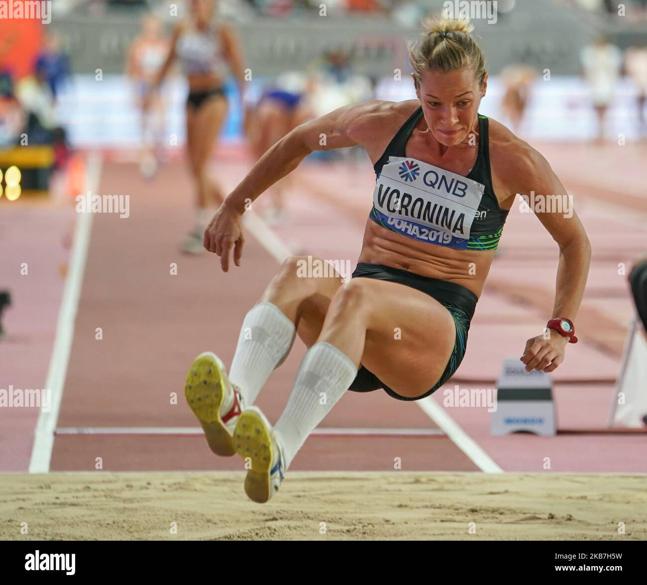 Ekaterina Voronina, d'Ouzbékistan, en compétition en heptathlon pour les femmes lors des Championnats du monde d'athlétisme de l'IAAF 17th au stade Khalifa de Doha, au Qatar, sur 3 octobre 2019. (Photo par Ulrik Pedersen/NurPhoto) Banque D'Images