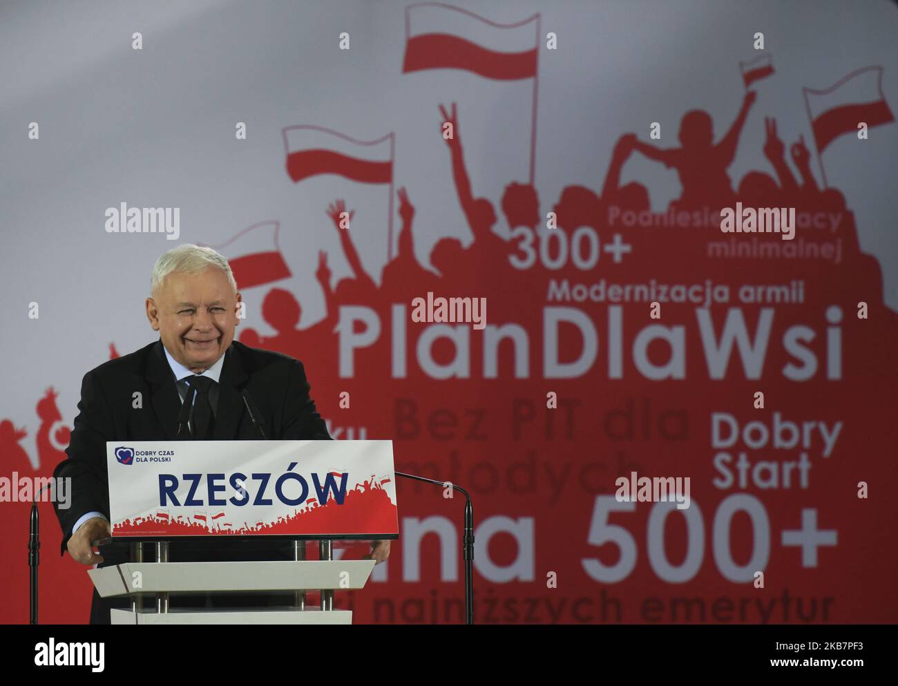 Jaroslaw Kaczynski, le président du parti droit et Justice, prend la parole au cours de sa convention électorale à Rzeszow. Les prochaines élections législatives polonaises auront lieu dans une semaine (13th octobre 2019). 460 membres du Sejm (Parlement polonais) et 100 sénateurs seront élus. Dimanche, 6 octobre 2019, à Rzeszow, Pologne. (Photo par Artur Widak/NurPhoto) Banque D'Images