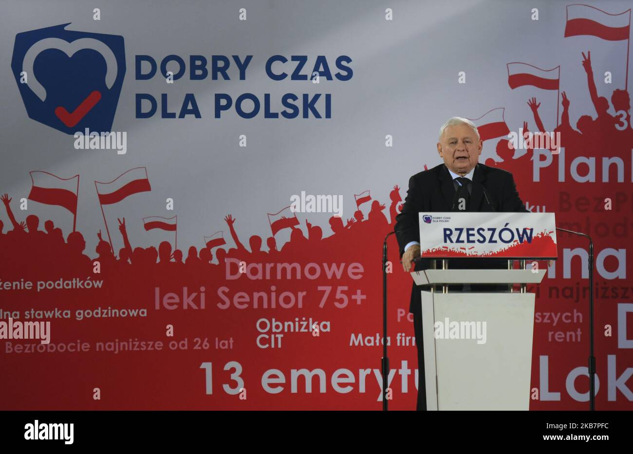 Jaroslaw Kaczynski, le président du parti droit et Justice, prend la parole au cours de sa convention électorale à Rzeszow. Les prochaines élections législatives polonaises auront lieu dans une semaine (13th octobre 2019). 460 membres du Sejm (Parlement polonais) et 100 sénateurs seront élus. Dimanche, 6 octobre 2019, à Rzeszow, Pologne. (Photo par Artur Widak/NurPhoto) Banque D'Images
