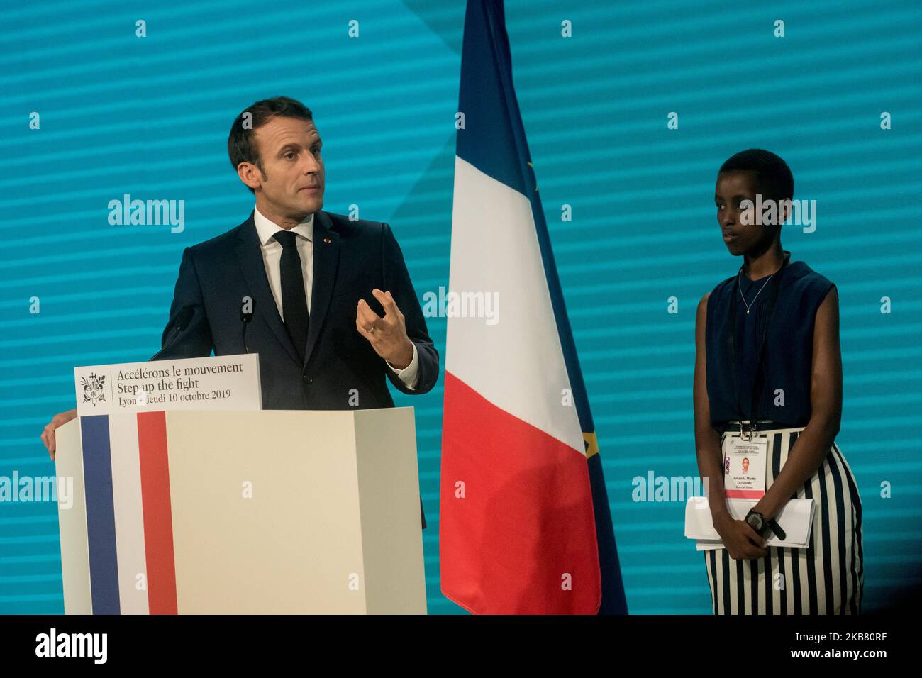 Le président français Emmanuel Macron prononce un discours à l'ouverture de la journée de collecte de fonds à la sixième conférence du Fonds mondial à Lyon, en France, sur 10 octobre 2019. (Photo de Nicolas Liponne/NurPhoto) Banque D'Images