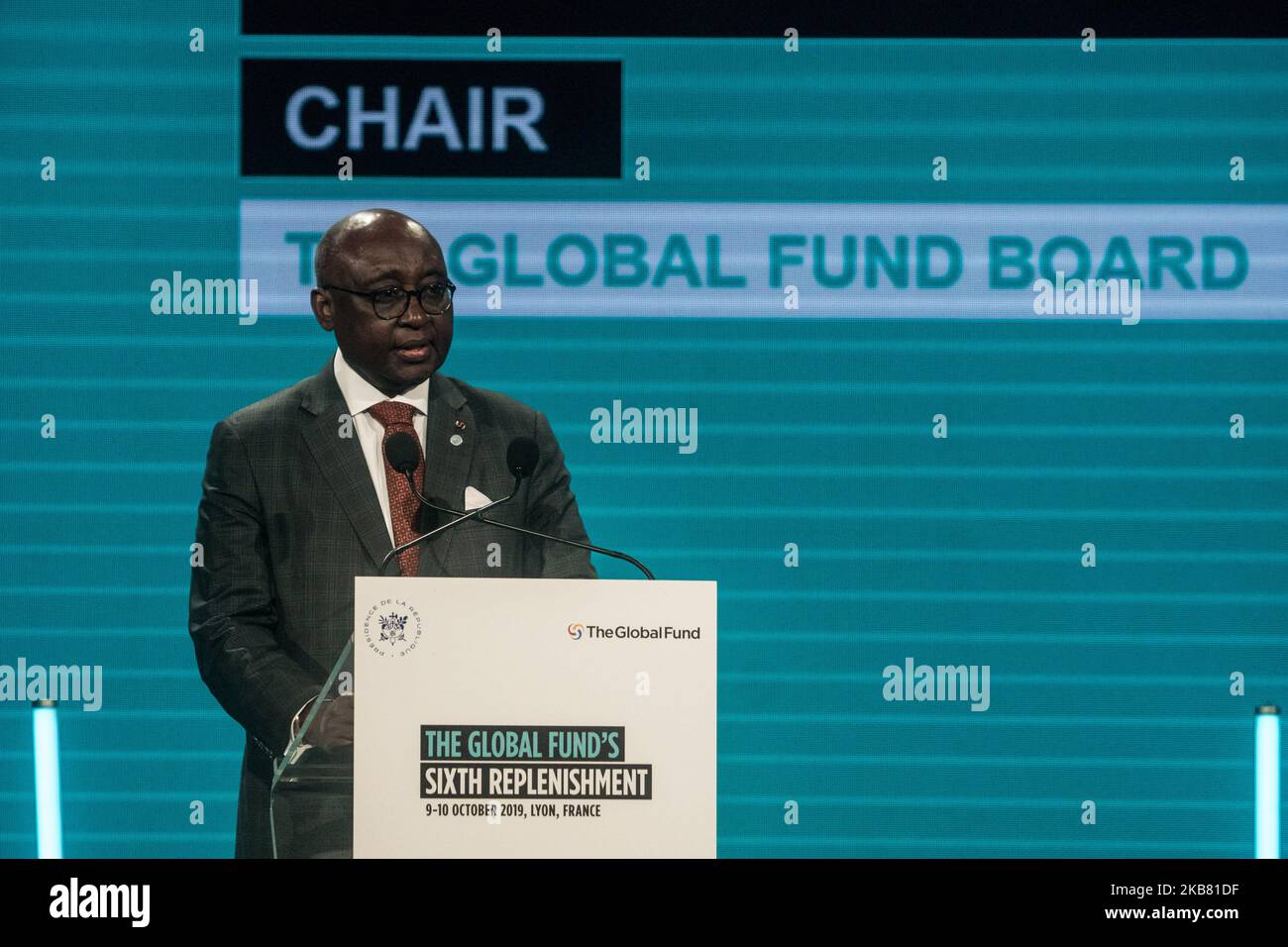 Le président du conseil d'administration, Donald Kaberuka, prononce un discours lors de la journée de collecte de fonds à la sixième Conférence du Fonds mondial à Lyon, en France, sur 10 octobre 2019. (Photo de Nicolas Liponne/NurPhoto) Banque D'Images