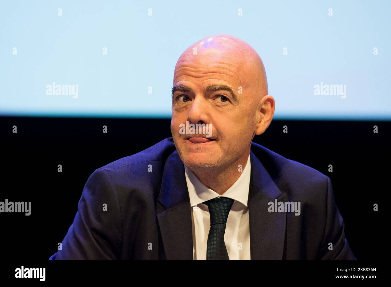 Gianni Infantino participe à la deuxième édition du 'Festival du Sport' à trente'il Festival dello Sport' à trente, en Italie, le 10 octobre 2019. Du 10 au 13 octobre 2019, la deuxième édition du Festival du Sport, qui aura une dimension nationale et internationale, grâce au calibre des invités attendus et aux thèmes abordés. Les organisateurs sont le premier quotidien sportif italien, la Gazzetta dello Sport, et Trentin. (Photo de Massimo Bertolini/NurPhoto) Banque D'Images