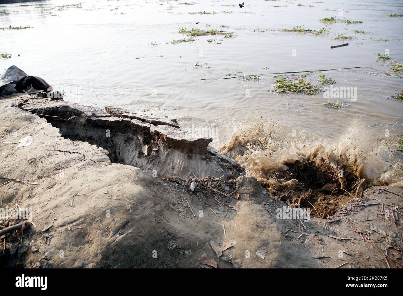 Padma érosion prend un virage sérieux le long de la partie de sa banque près du terminal de ferry de Daulatdia à Rajshahi, Bangladesh, le 12 octobre 2019. Au moins 350 homesteads et 500 hectares de terres cultivées à Daulatdia et Debagram Union à Goalunda de Rajbari ont été dévorés par la rivière Padma au cours des derniers jours. Les sections locales ont allégué qu'aucune mesure efficace n'avait encore été prise pour contrôler l'érosion. (Photo de Sony Ramany/NurPhoto) Banque D'Images