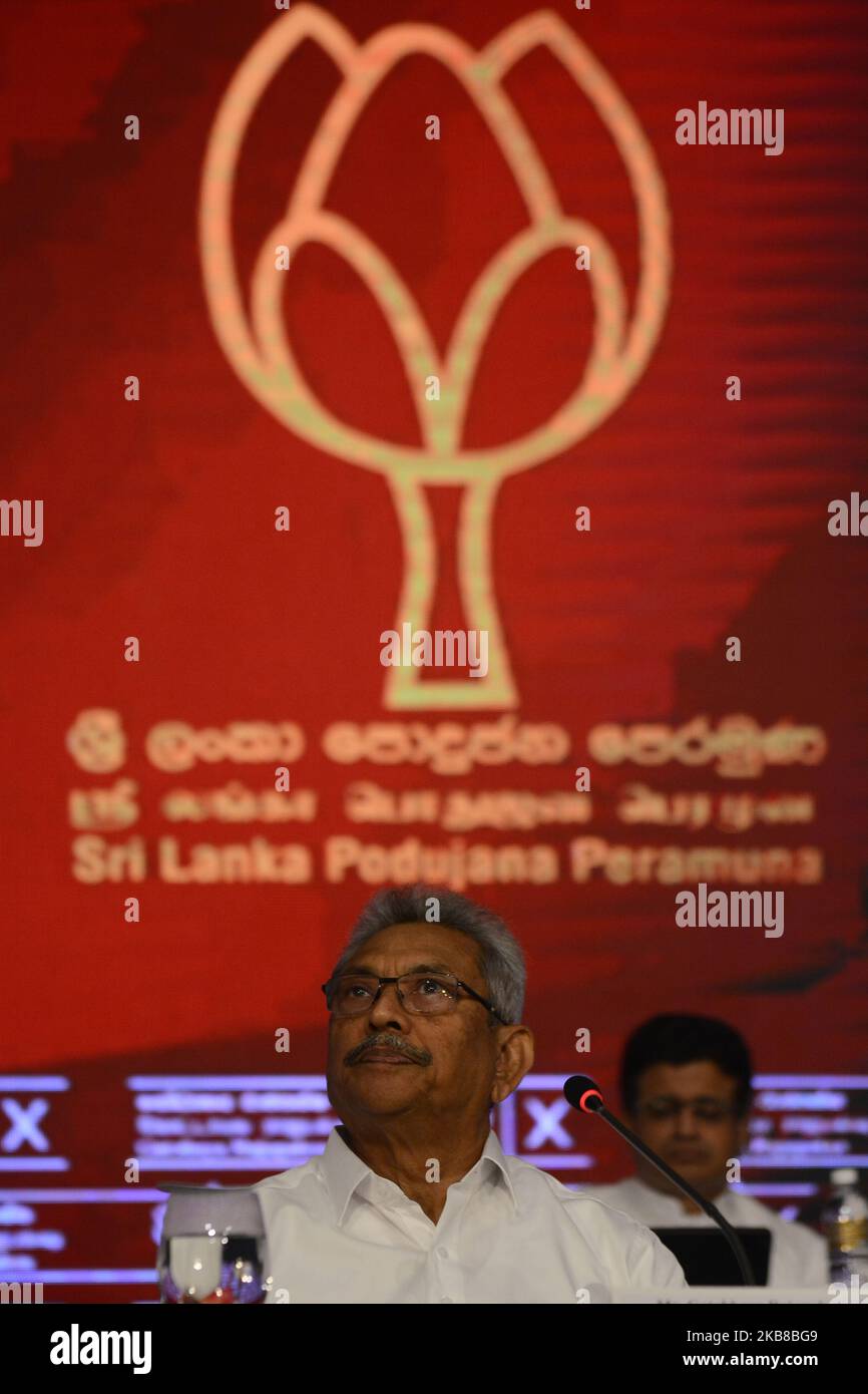 Gotabhaya Rajapaksa, candidate à la présidence sri-lankaise et ancien chef de la défense, parle lors d'une conférence de presse à Colombo octobre 15,2019 (photo d'Akila Jayawardana/NurPhoto) Banque D'Images