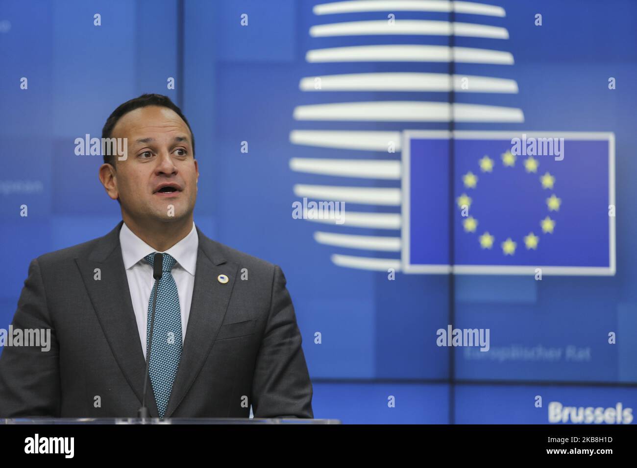 Leo Varadkar le Taoiseach de l'Irlande lors d'une conférence de presse - exposé des médias lors de la réunion des dirigeants de l'UE du Conseil européen sur le 17 octobre 2019 à Bruxelles, Belgique avec le thème principal du Brexit. L'UE et les Britanniques sont parvenus à un accord sur l'accord de départ du Royaume-Uni de l'UE, l'article 50 et l'accord spécial sur les frontières et les douanes de l'Irlande, de l'Irlande du Nord, du Royaume-Uni et de l'UE. (Photo de Nicolas Economou/NurPhoto) Banque D'Images