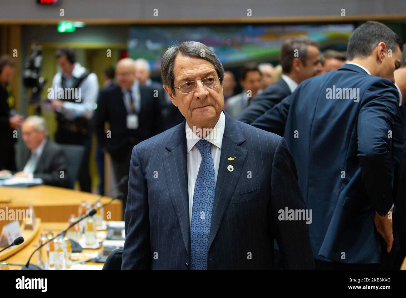 Président de la République de Chypre, Nicos Anastasiades. Les dirigeants européens discutent avant les tables rondes lors de la deuxième journée de sommet des dirigeants de l'UE sans le Premier ministre britannique Boris Johnson sur 18 octobre 2019, à Bruxelles, en Belgique. Les négociateurs de l'UE et du Royaume-Uni ont annoncé un accord sur le départ du Royaume-Uni de l'Union européenne, le Brexit. (Photo de Nicolas Economou/NurPhoto) Banque D'Images