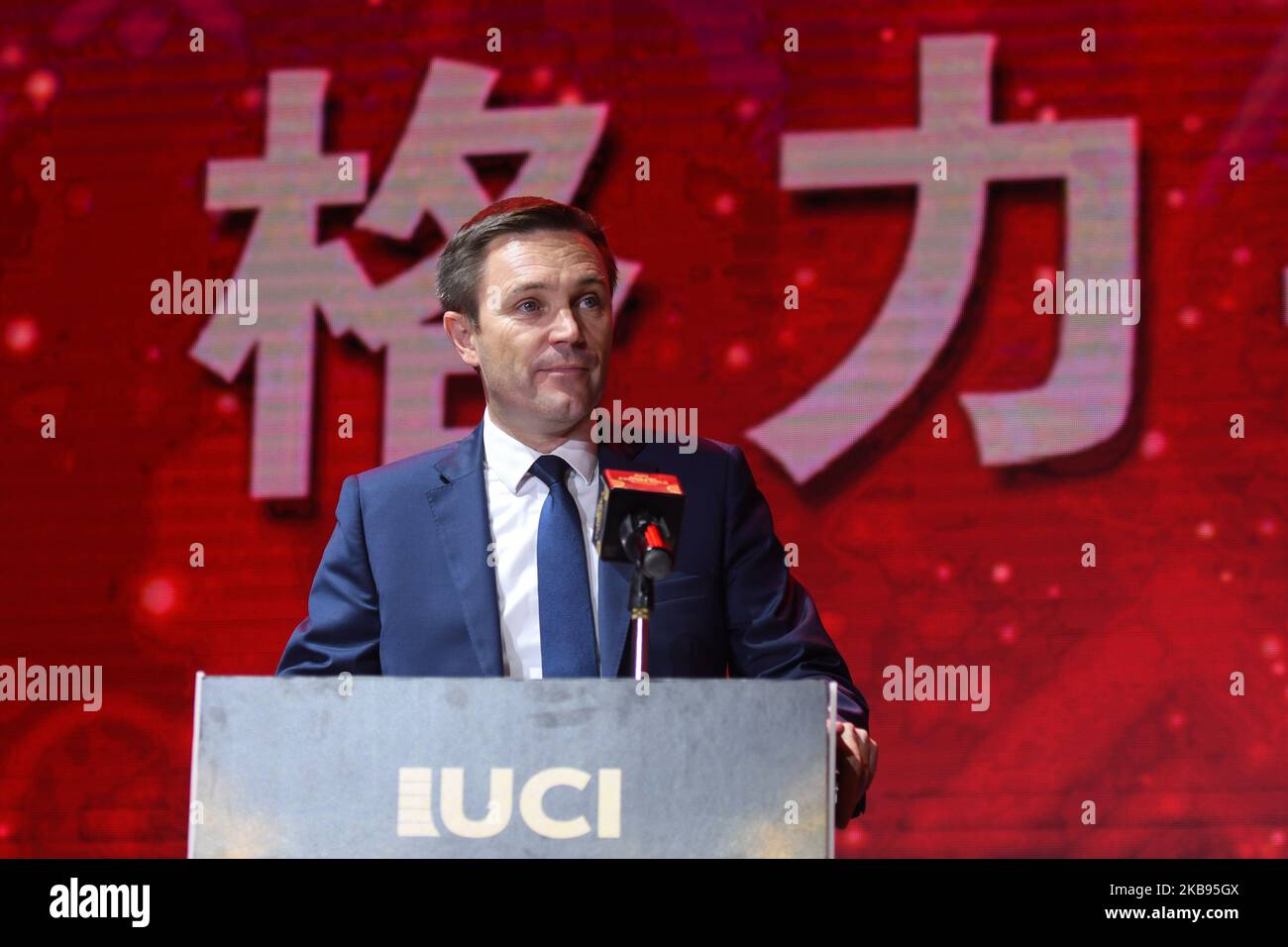 David Lappartient, Président de l'Union cycliste internationale (UCI), lors du Gala cycliste de l'UCI 5th à Guilin. Mardi, 22 octobre 2019, à Guilin, dans la région de Guangxi, Chine. (Photo par Artur Widak/NurPhoto) Banque D'Images