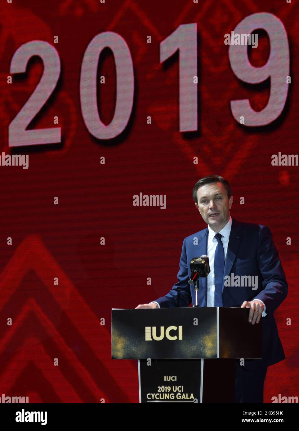 David Lappartient, Président de l'Union cycliste internationale (UCI), lors du Gala cycliste de l'UCI 5th à Guilin. Mardi, 22 octobre 2019, à Guilin, dans la région de Guangxi, Chine. (Photo par Artur Widak/NurPhoto) Banque D'Images