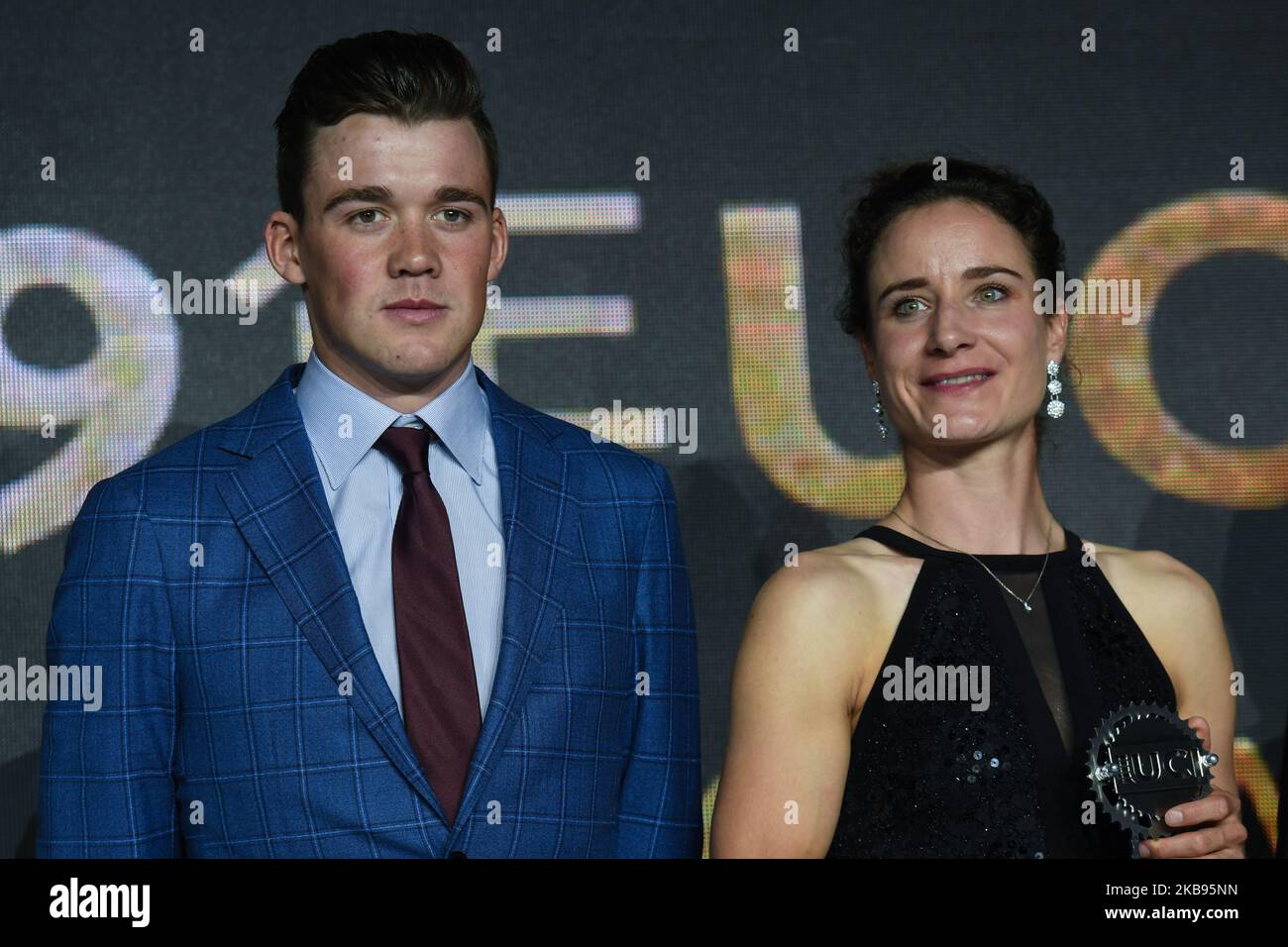 Mads Pedersen (Danemark/Team Trek–Segafredo) et Marianne vos (pays-Bas/Team CCC Liv), vus lors du Gala cycliste UCI 5th à Guilin. Mardi, 22 octobre 2019, à Guilin, dans la région de Guangxi, Chine. (Photo par Artur Widak/NurPhoto) Banque D'Images