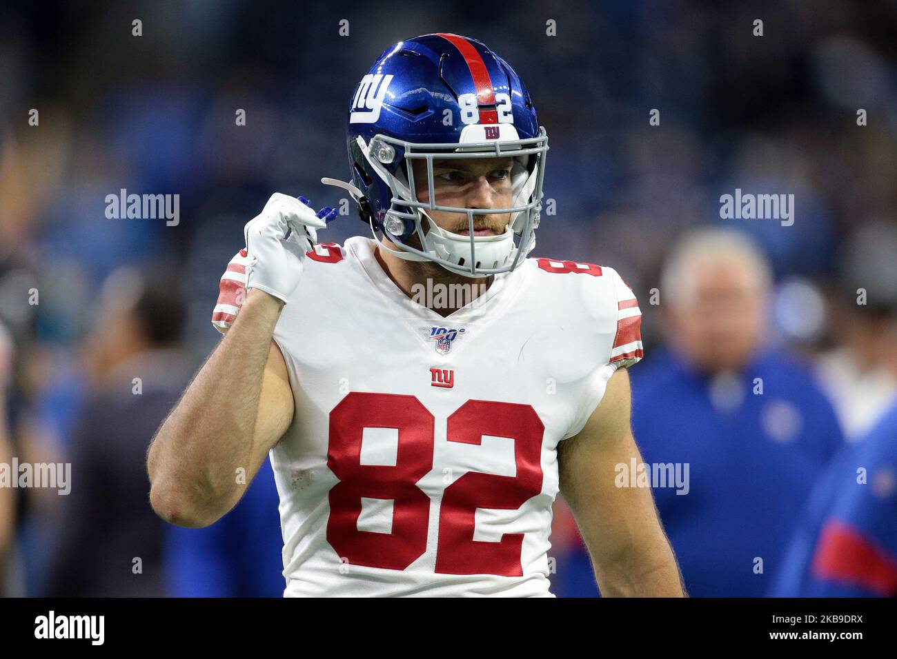 New York Giants Tight End Kaden Smith (82) est vu pendant la deuxième moitié d'un match de football de la NFL contre les New York Giants à Detroit, Michigan Etats-Unis, le dimanche, 27 octobre 2019 (photo par Jorge Lemus/NurPhoto) Banque D'Images New York Giants Tight End Kaden Smith (82) est vu pendant la deuxième moitié d'un match de football de la NFL contre les New York Giants à Detroit, Michigan Etats-Unis, le dimanche, 27 octobre 2019 (photo par Jorge Lemus/NurPhoto) Banque D'Images