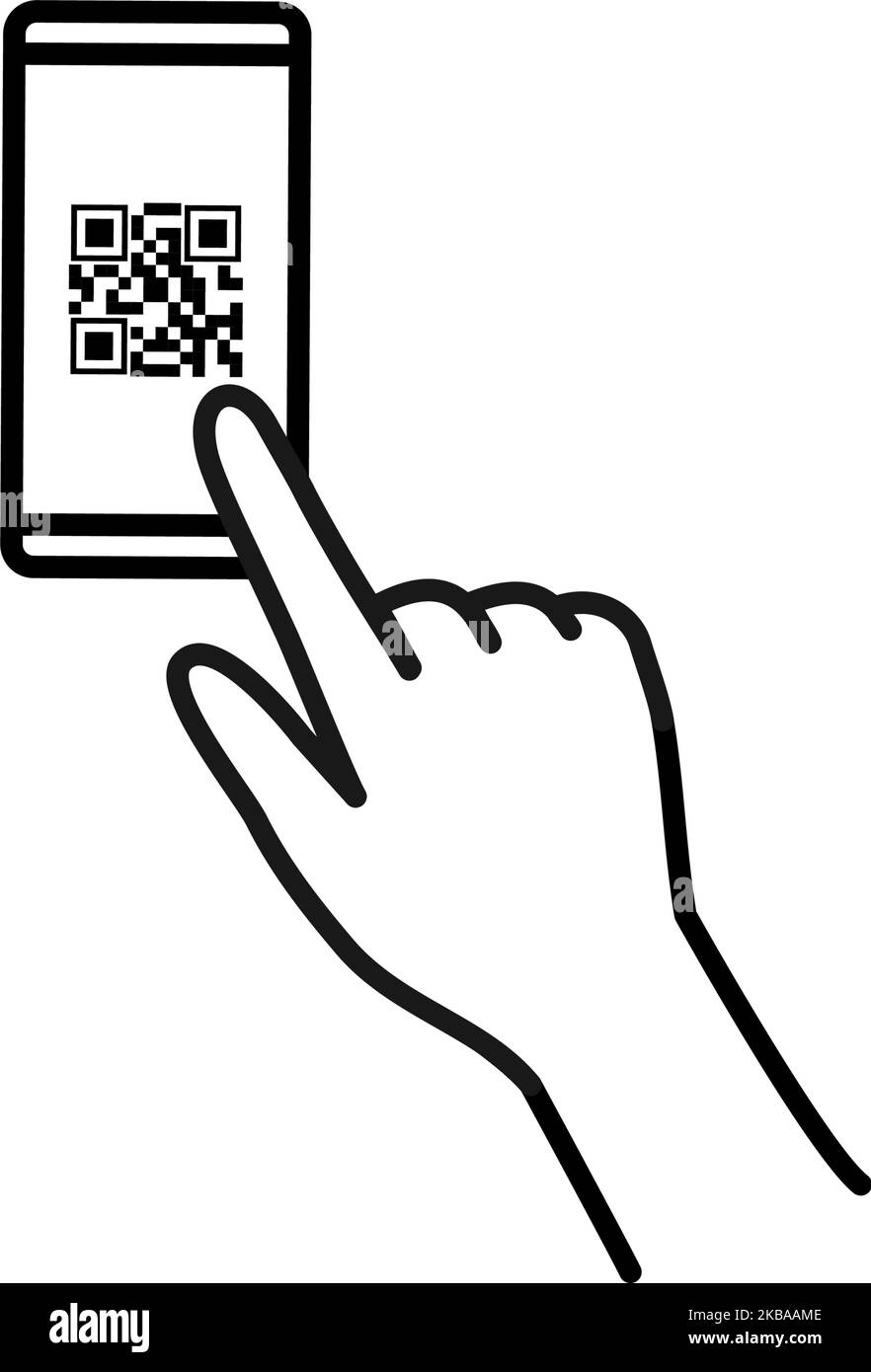 Sans espèces, paiements en ligne, mains tenant un smartphone avec des codes QR sur l'écran Illustration de Vecteur