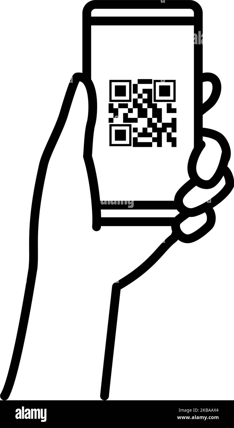 Sans espèces, paiements en ligne, mains tenant un smartphone avec des codes QR sur l'écran Illustration de Vecteur