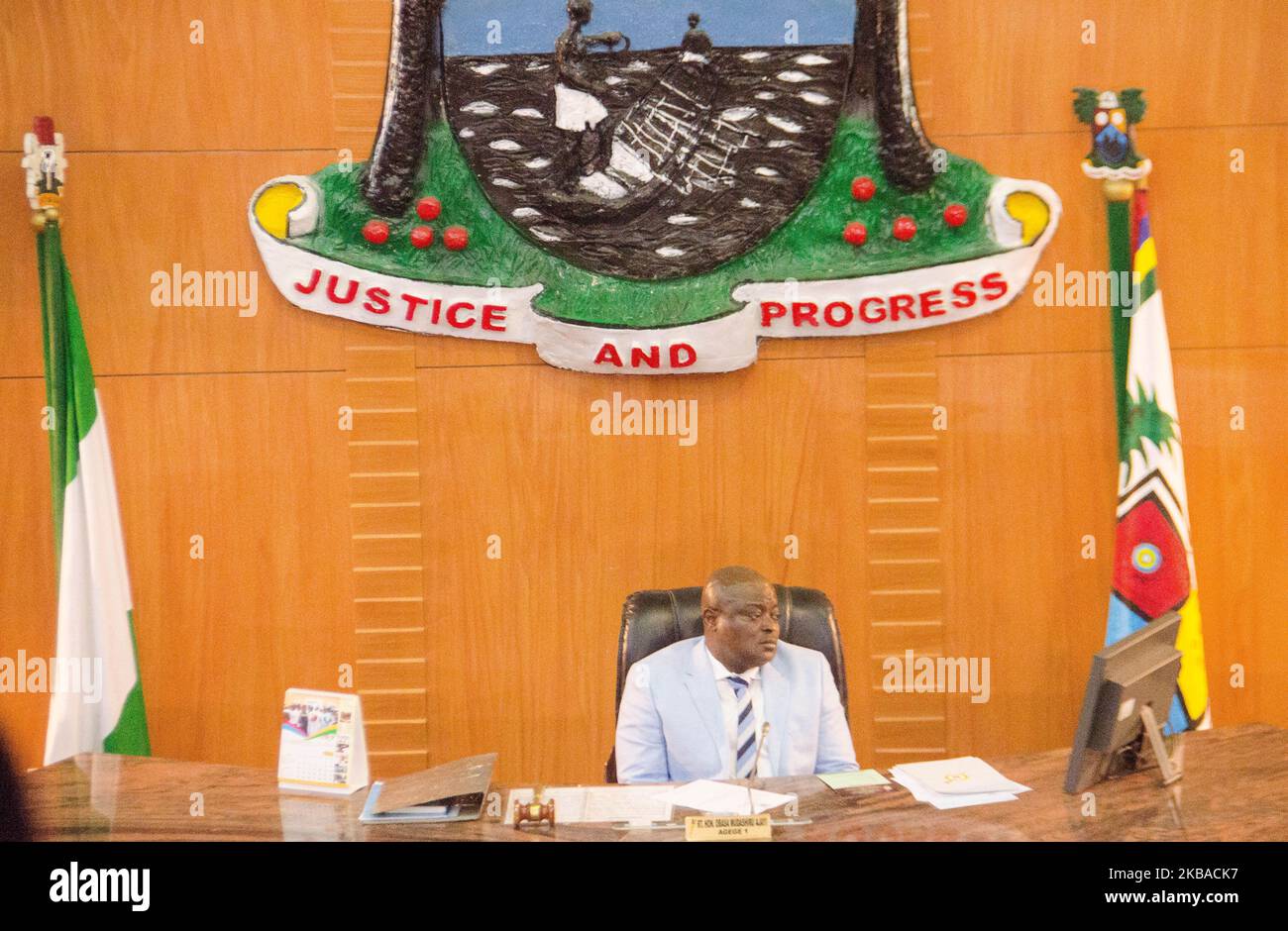 Président de la Chambre d'assemblée d'État de Lagos, Mudashiru Obasa, lors de la présentation du budget 2020 à Lagos, au Nigéria, au 8 novembre 2019. (Photo par Olukayode Jaiyeola/NurPhoto) Banque D'Images