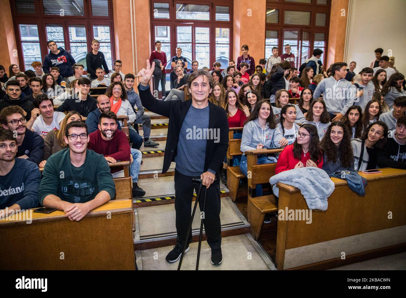 Alex Zanardi participe au Festival de la culture paralympique organisé par le Comité paralympique italien pour diffuser la connaissance du monde du handicap et du sport, à Padoue, en Italie, sur 7 novembre 2019. Il a parlé de ses victoires à un large public d'étudiants dans une salle de classe de l'Université de Padoue. (Photo de Mauro Ujetto/NurPhoto) Banque D'Images