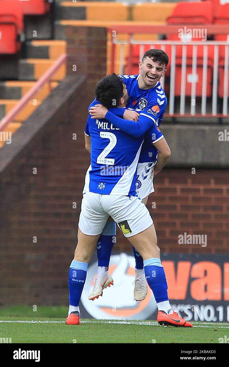 Jonny Smith d'Oldham Athletic célèbre son deuxième but lors du match de la FA Cup entre Gateshead et Oldham Athletic au Gateshead International Stadium, à Gateshead, le dimanche 10th novembre 2019. (Photo de Mark Fletcher/MI News/NurPhoto) Banque D'Images