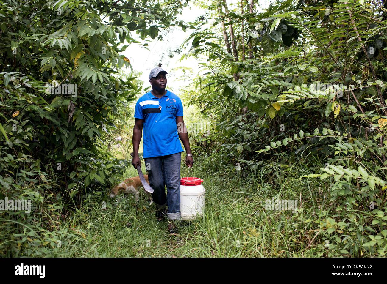 Maripasoula, France, 30 juin 2019. Le père Herve Cleze Moutaleno marche dans la forêt amazonienne pour célébrer la messe dans son église près du village d'Ipokan Eute. Ce missionnaire congolais est attaché à la paroisse d'Antekum Pata parmi le peuple Wayana, l'un des six peuples amérindiens indigènes vivant en Guyane française. (Photo par Emeric Fohlen/NurPhoto) Banque D'Images