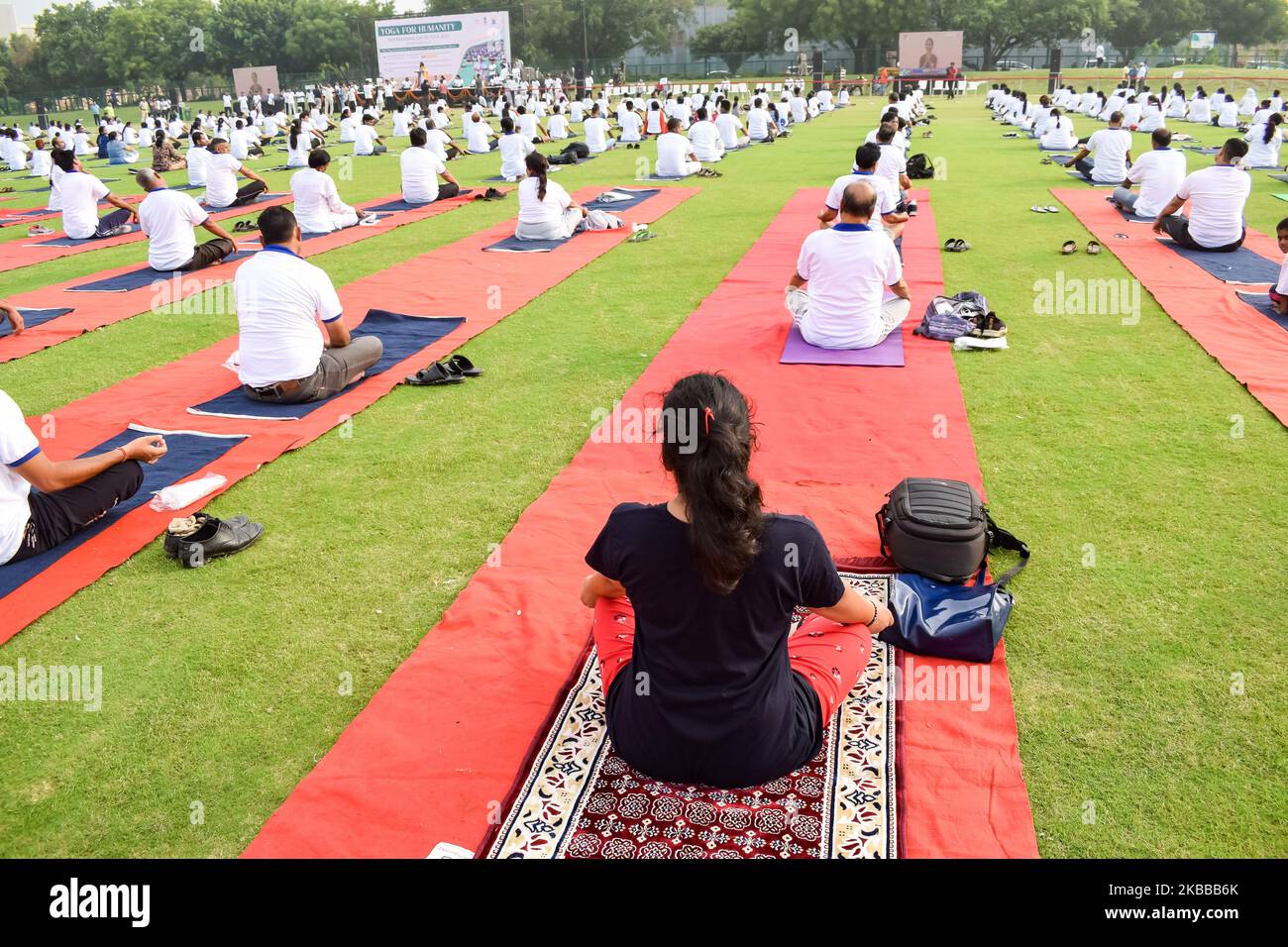 Session d'exercice de yoga de groupe pour les personnes de différents groupes d'âge au stade de cricket à Delhi, le jour international de yoga, grand groupe d'adultes fréquentant yo Banque D'Images