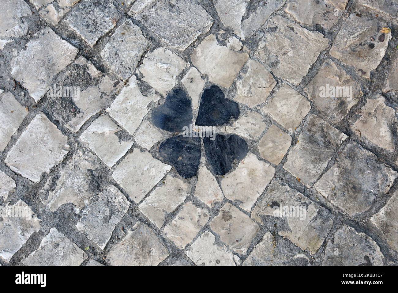 Une chaussée à motifs est photographiée à Lisbonne, au Portugal, sur 14 août 2019. (Image du fichier) le trottoir portugais (Calada Portuguesa), qui date du milieu du siècle 19th, est un trottoir de style traditionnel utilisé dans de nombreuses zones piétonnes de la campagne et dans d'anciennes colonies portugaises comme Macao et le Brésil. Est fait avec de petits morceaux de pierres disposés dans un motif ou une image, habituellement utilisé sur les trottoirs, mais c'est dans les carrés et les oreillettes que cet art trouve son expression la plus profonde. (Photo par Pedro Fiúza/NurPhoto) Banque D'Images