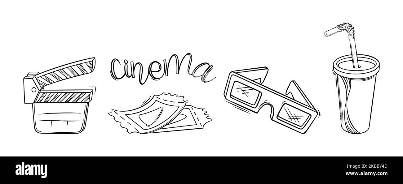 Film de cinéma, lunettes et soda sketch.ensemble de cinéma dans le style de doodle. Illustration vectorielle isolée sur fond blanc Illustration de Vecteur