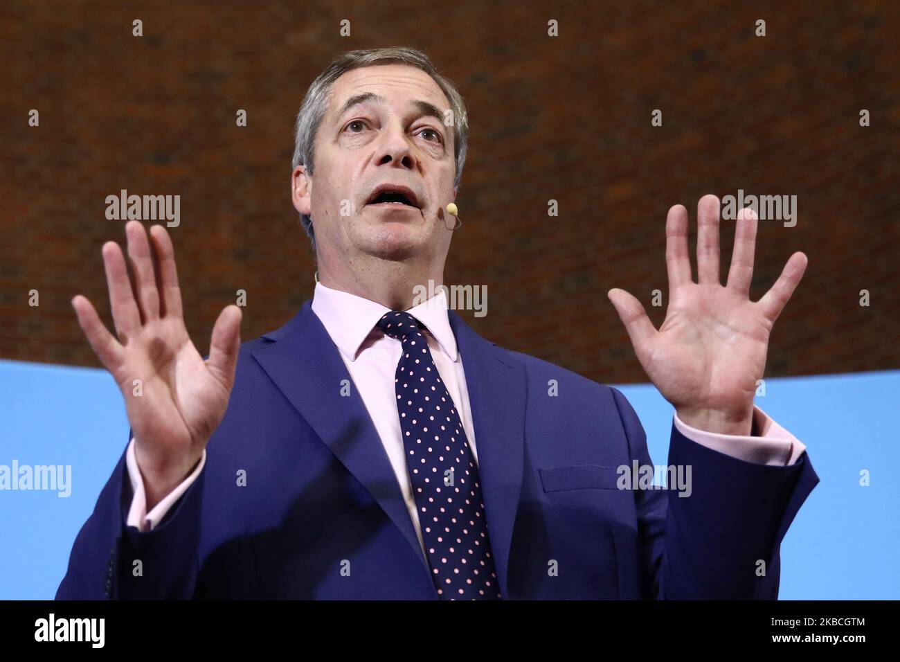 Nigel Farage, dirigeant du Parti du Brexit, lors d’une conférence de presse, deux jours avant les élections générales, à Londres, en Grande-Bretagne, sur l’10 décembre 2019. (Photo de Jakub Porzycki/NurPhoto) Banque D'Images