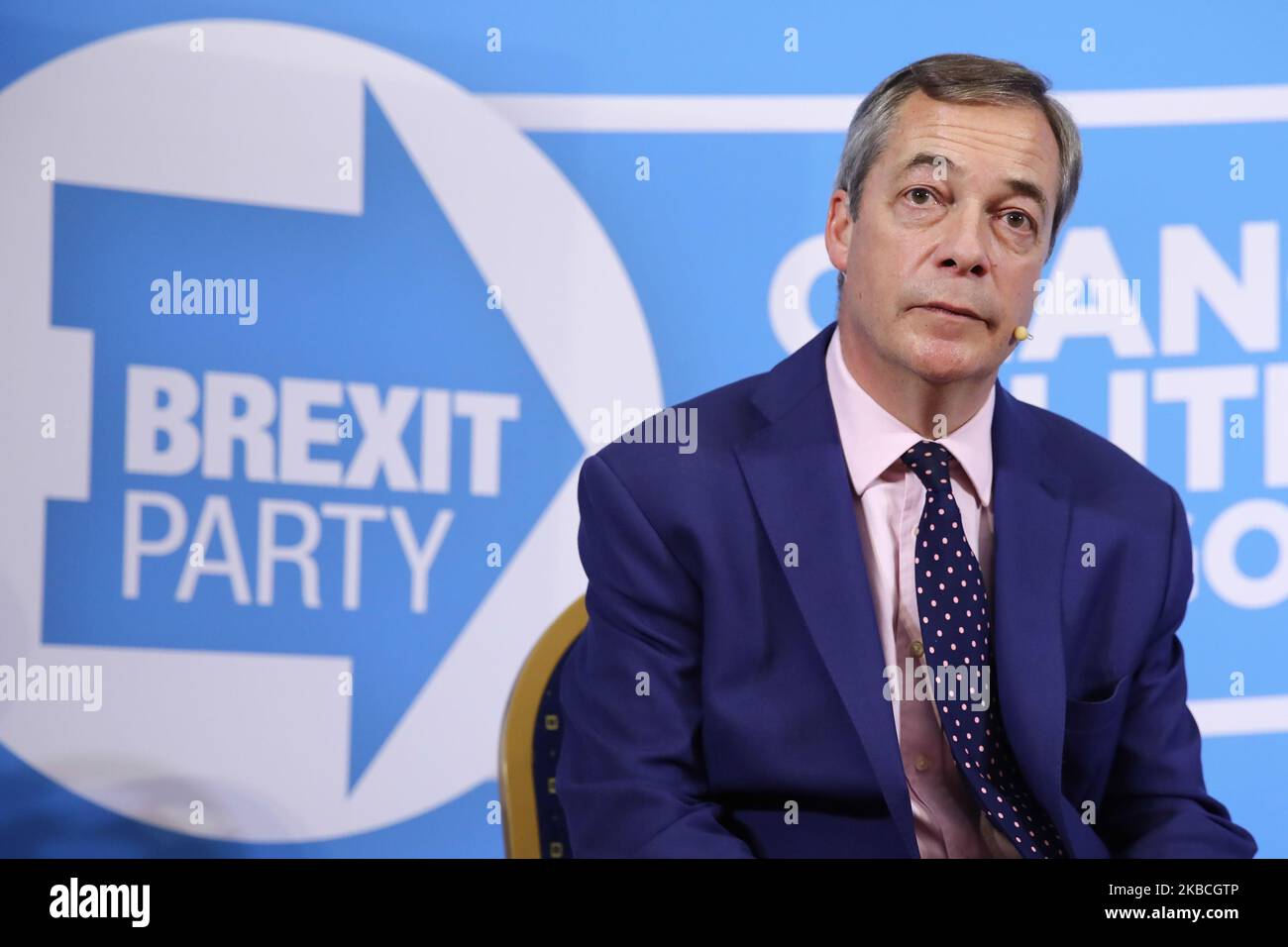 Nigel Farage, dirigeant du Parti du Brexit, lors d’une conférence de presse, deux jours avant les élections générales, à Londres, en Grande-Bretagne, sur l’10 décembre 2019. (Photo de Jakub Porzycki/NurPhoto) Banque D'Images