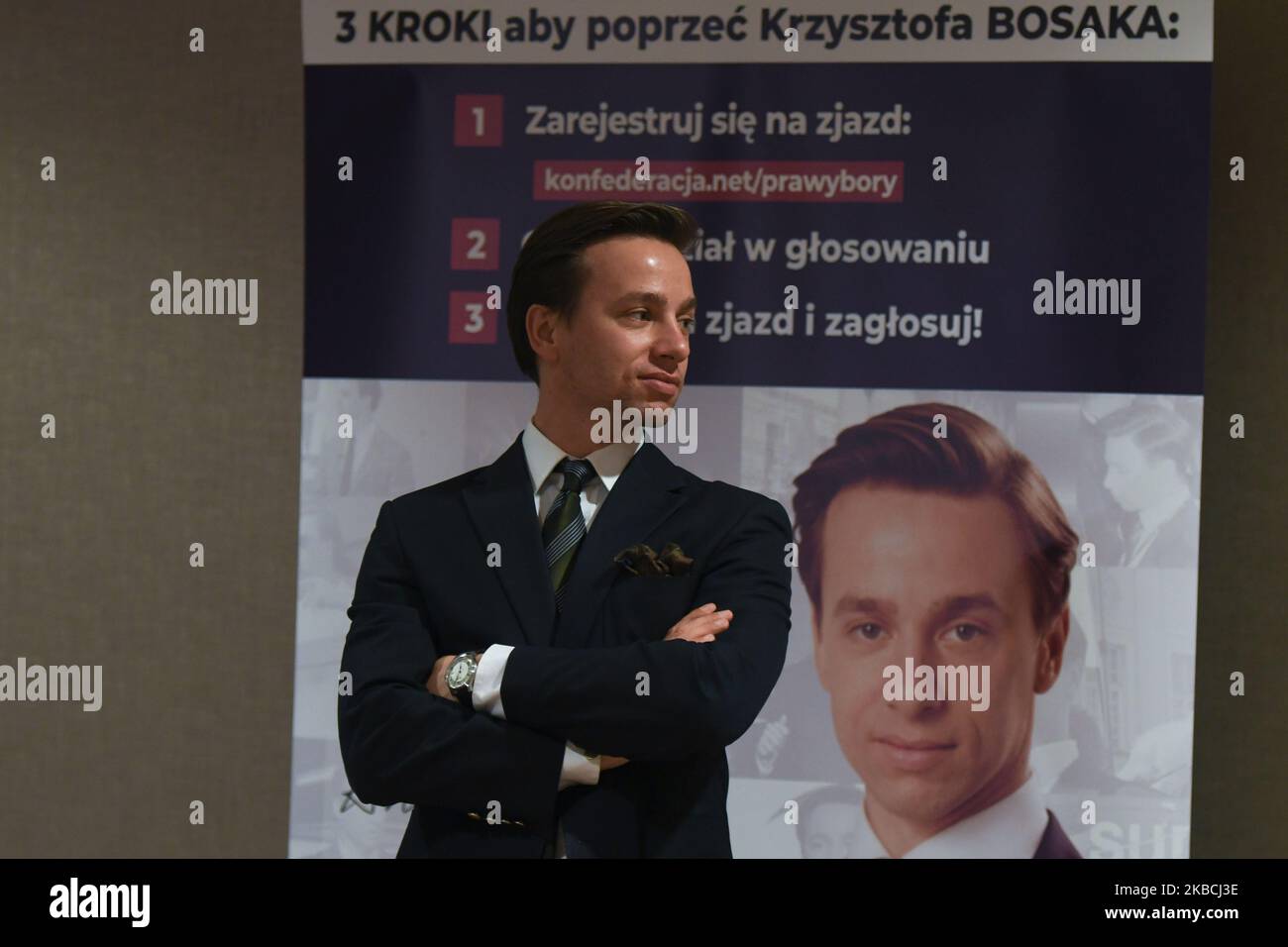 Krzysztof Bosak, un homme politique du mouvement national rencontre les membres et les partisans du parti de la liberté et de l'indépendance de la Confédération (coalition par Korwin et les partis du mouvement national) à l'hôtel Metropolitan de Rzeszow. Bosak a annoncé son intention de participer aux primaires présidentielles du parti liberté et indépendance de la Confédération afin de devenir le candidat du parti aux élections présidentielles de 2020 en Pologne. Mardi, 10 décembre 2019, à Rzeszow, Pologne. (Photo par Artur Widak/NurPhoto) Banque D'Images