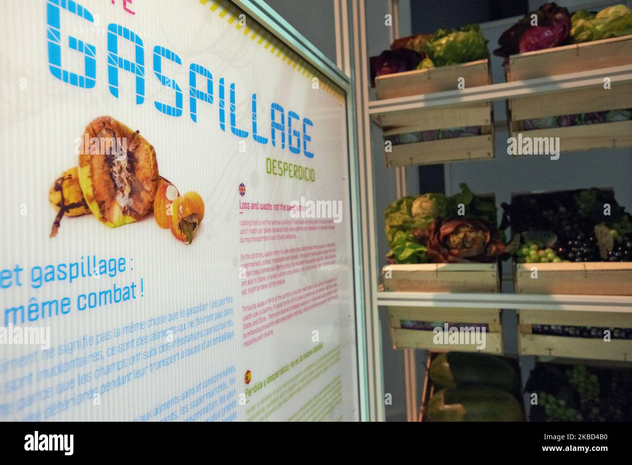 « Gaspillage » dans la nutrition. Le Quai des Savoies à Toulouse propose une exposition sur l'alimentation, la nutrition et son avenir. Elle commence par la production alimentaire et se termine par le gaspillage alimentaire. L'exposition sur l'alimentation compte également sur le prix écologique de notre nutrition (sol, gaz à effet de serre, etc.). Toulouse. 17 décembre 2019. (Photo d'Alain Pitton/NurPhoto) Banque D'Images