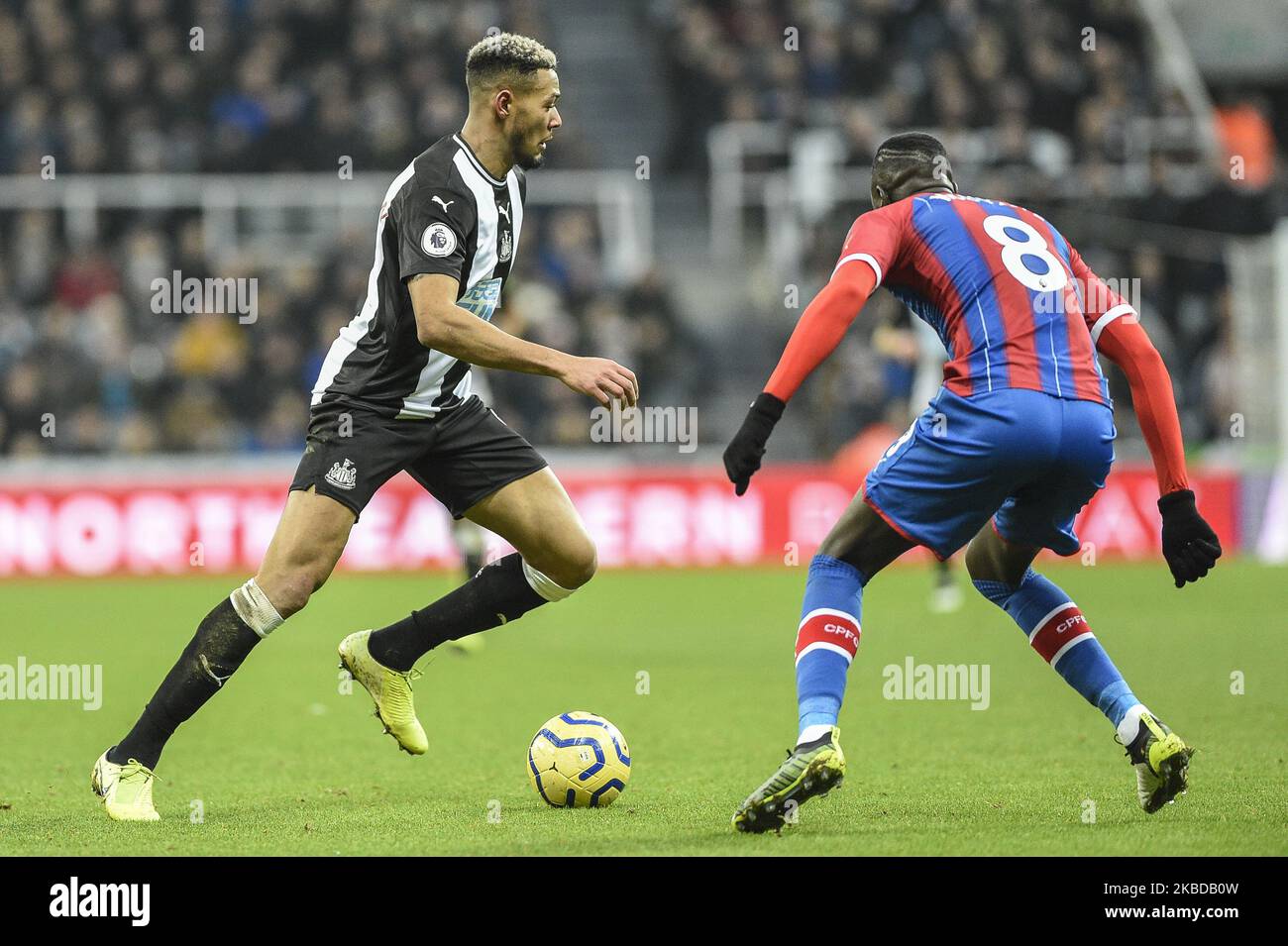 Joelinton (9) de Newcastle United envisage de prendre Cheikhou Kouyate (8) de Crystal Palace lors du match de la Premier League entre Newcastle United et Crystal Palace à St. James's Park, Newcastle, le samedi 21st décembre 2019. (Photo par IAM Burn/MI News/NurPhoto) Banque D'Images