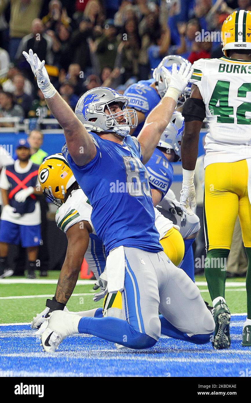 Jesse James (83) célèbre un match de Kerryon Johnson lors de la première moitié d'un match de football de la NFL contre les Green Bay Packers à Detroit, Michigan, États-Unis, dimanche, 29 décembre 2019. (Photo par Amy Lemus/NurPhoto) Banque D'Images