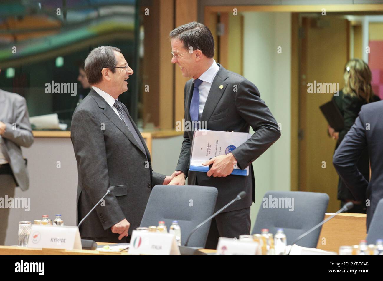 Nicos Anastasiades Président de Chypre, un pays insulaire de la Méditerranée qui s'est entretenir avec Mark Rutte Premier ministre des pays-Bas. Le président chypriote grec tel qu'il a été vu dans la table ronde entre les autres présidents et premiers ministres lors de la deuxième journée du Conseil européen - Sommet DE L'EURO - réunion des dirigeants de l'UE, au siège de l'Union européenne sur l'13 décembre 2019 à Bruxelles, Belgique. (Photo de Nicolas Economou/NurPhoto) Banque D'Images