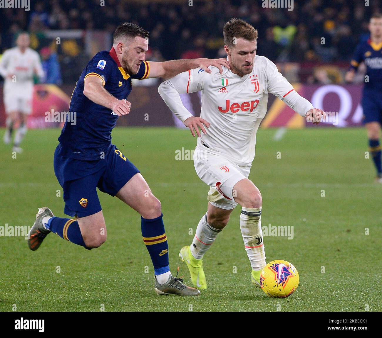 Jordan Veretout, Aaron Ramsey lors de la série italienne Un match de football entre AS Roma et FC Juventus au stade olympique de Rome, le 12 janvier 2020. (Photo par Silvia Lore/NurPhoto) Banque D'Images
