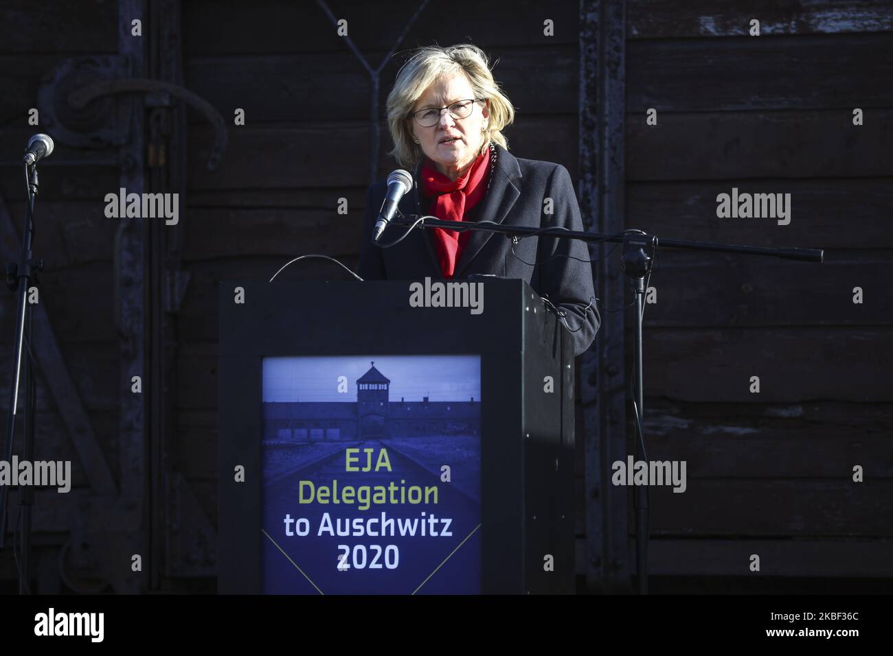 Le premier vice-président du Parlement européen, Mairead McGuinness, prend la parole lors de la visite de la délégation de l'Association juive européenne (EJA) au camp de concentration d'Auschwitz-Birkenau II sur 21 janvier 2020, à Oswiecim, en Pologne. Des parlementaires et des ministres de l'éducation de toute l'Europe se sont réunis lors de l'événement "délégation de l'EJA à Auschwitz 2020" pour marquer le prochain anniversaire de la libération de l'ancien camp de concentration allemand nazi en 75th. (Photo de Beata Zawrzel/NurPhoto) Banque D'Images