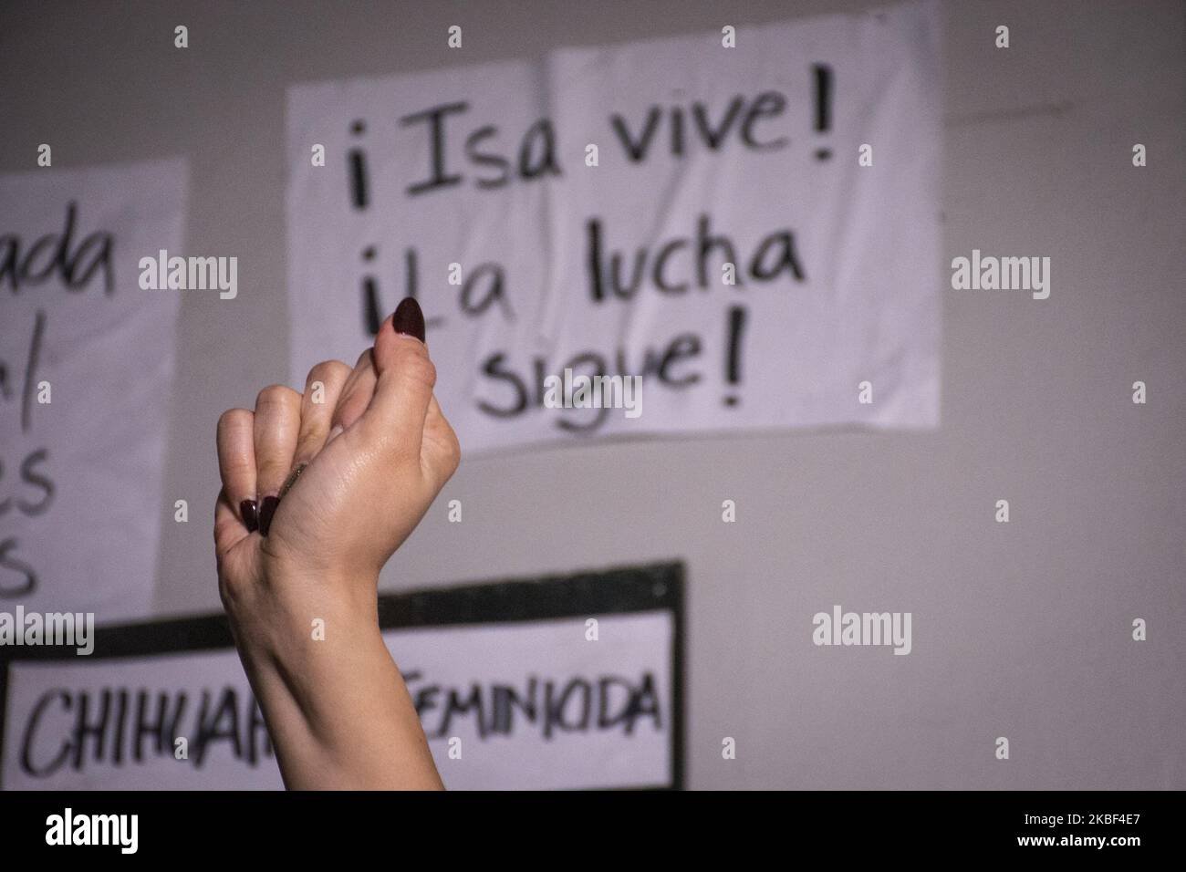 Détail d'un poing d'une femme exécutant un acte artistique pour le féminisme de l'activiste Isabel Cabanillas de la Torre à Ciudad Juarez, Chihuahua, en dehors de la représentation du gouvernement Chihuahua à Mexico sur 21 janvier 2020. Isabel a été fondée morte le dernier samedi dans le centre-ville de Ciudad Juarez avec des impacts de balle sur son corps après avoir disparu un jour avant. Isabel était artiste et militante pour les droits des femmes et membre du groupe féministe Hijas de su Maquiladora Madre. (Photo de Guillermo Gutierrez/NurPhoto) Banque D'Images