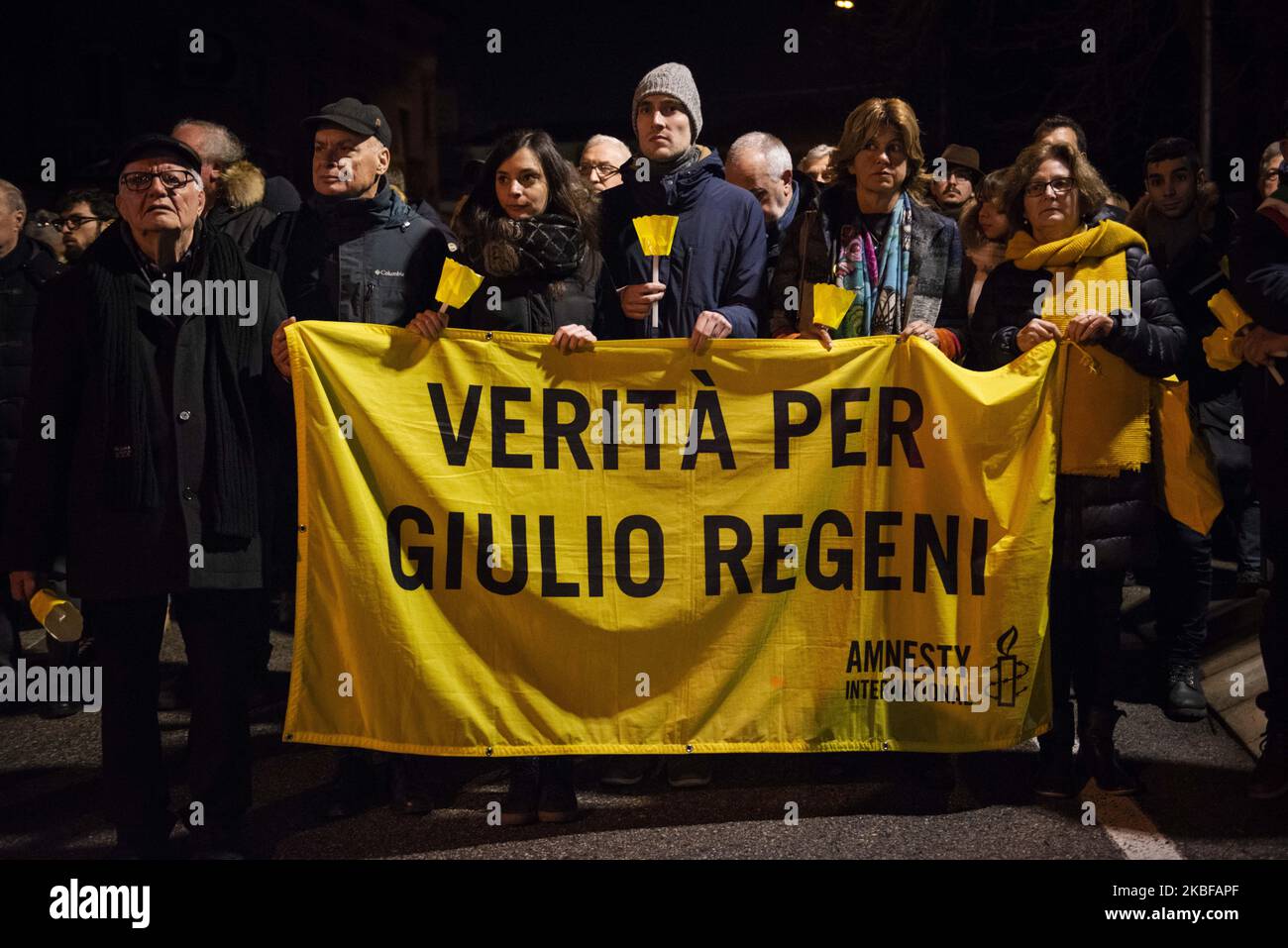 Claudio Regeni, Paola Regeni assister à un rassemblement pour marquer le quatrième anniversaire du meurtre du chercheur italien Giulio Regeni, dans sa ville natale de Fiumicello (UD). Regeni est étudiante au doctorat au Caire et a disparu le soir du 25th janvier 2016. Son corps a été trouvé quelques jours plus tard portant des signes de torture mais les coupables n'ont jamais été trouvés. Fiumicello, 25th de janvier 2020. (Photo de Jacopo Landi/NurPhoto) Banque D'Images
