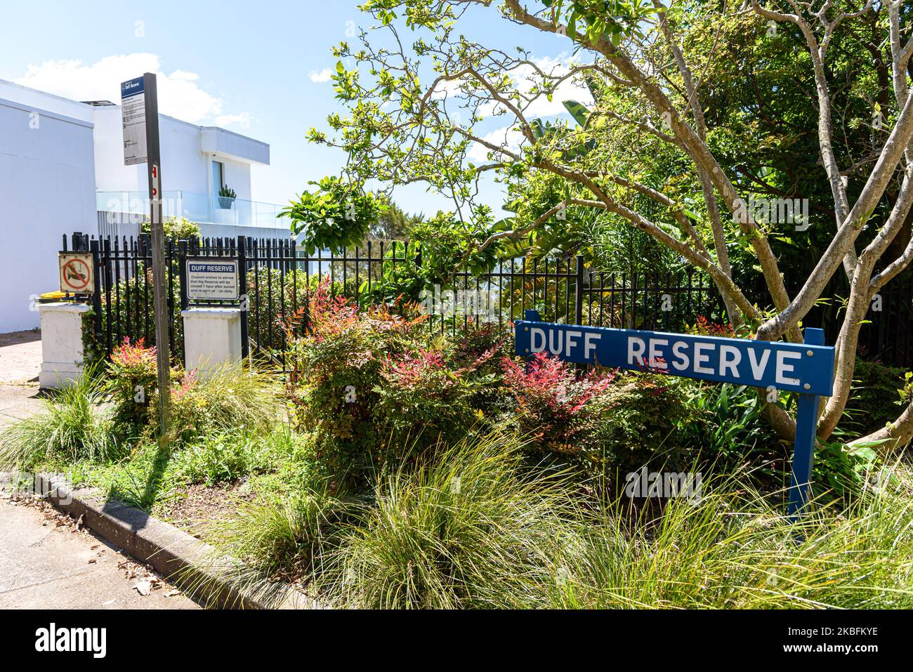 L'entrée et le panneau de Duff Reserve à point Piper à Sydney, en Australie Banque D'Images