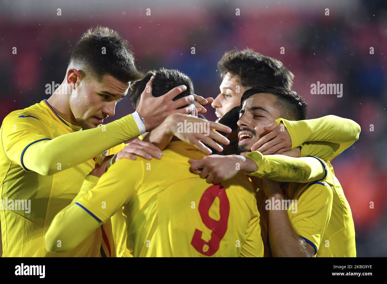 Grigore Ricardo, Andrei Ciobanu, George Ganea et Alexandru Pascanu célèbrent lors du match de l'UEFA U21 championnat entre la Roumanie U21 v la Finlande U21, à Voluntari, Roumanie, sur 14 novembre 2019. (Photo par Alex Nicodim/NurPhoto) Banque D'Images