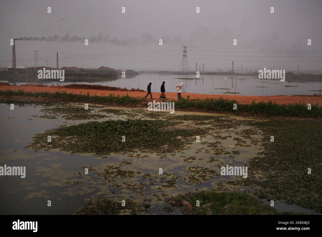 Les travailleurs se rendent sur le marché le plus proche lors d'une pause de travail près d'un champ de briques à Dhaka, au Bangladesh, le jeudi 06 février 2020. (Photo de Syed Mahamudur Rahman/NurPhoto) Banque D'Images