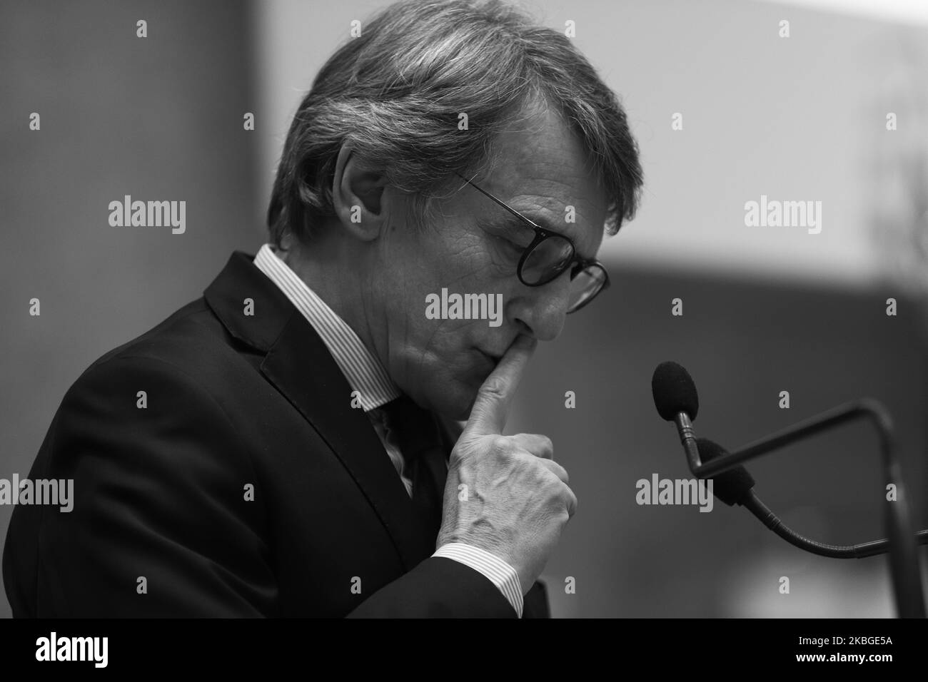 (NOTE DE L'ÉDITEUR: L'image a été convertie en noir et blanc) le Président du Parlement européen David Sassoli, lors de son discours à la conférence organisée par le Parlement européen à Rome sur 7 février 2020 (photo d'Andrea Pirri/NurPhoto) Banque D'Images