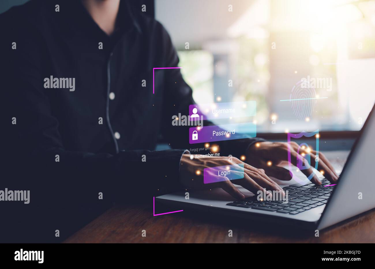 Nom d'utilisateur et mot de passe (Login) pour la technologie cyber sécurité Internet et système de réseau. Ordinateur portable homme d'affaires dactylographiant à la main (ordinateur portable). Chiffrement, bio Banque D'Images