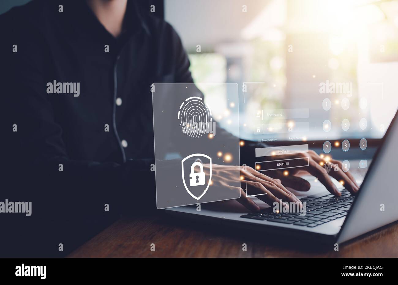 Nom d'utilisateur et mot de passe (Login) pour la technologie cyber sécurité Internet et système de réseau. Ordinateur portable homme d'affaires dactylographiant à la main (ordinateur portable). Chiffrement, bio Banque D'Images