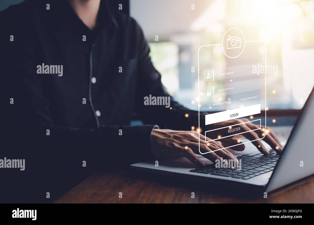 Nom d'utilisateur et mot de passe (Login) pour la technologie cyber sécurité Internet et système de réseau. Ordinateur portable homme d'affaires dactylographiant à la main (ordinateur portable). Chiffrement, bio Banque D'Images