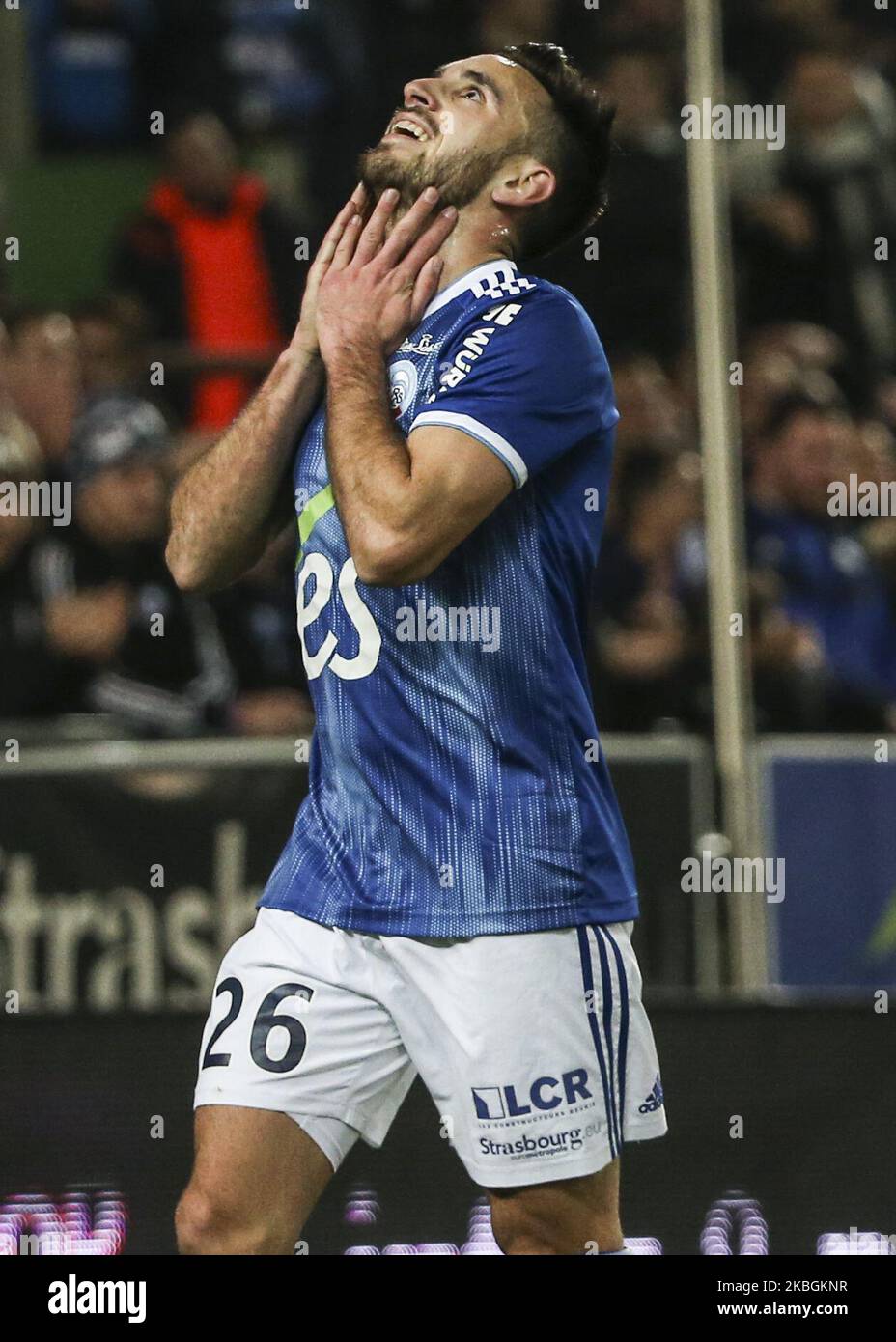 Adrien Thomasson, lors du match de football français L1 entre Strasbourg (RCSA) et Reims (SR), sur 9 février , 2020 au stade Meinau (photo d'Elyxandro Cegarra/NurPhoto) Banque D'Images