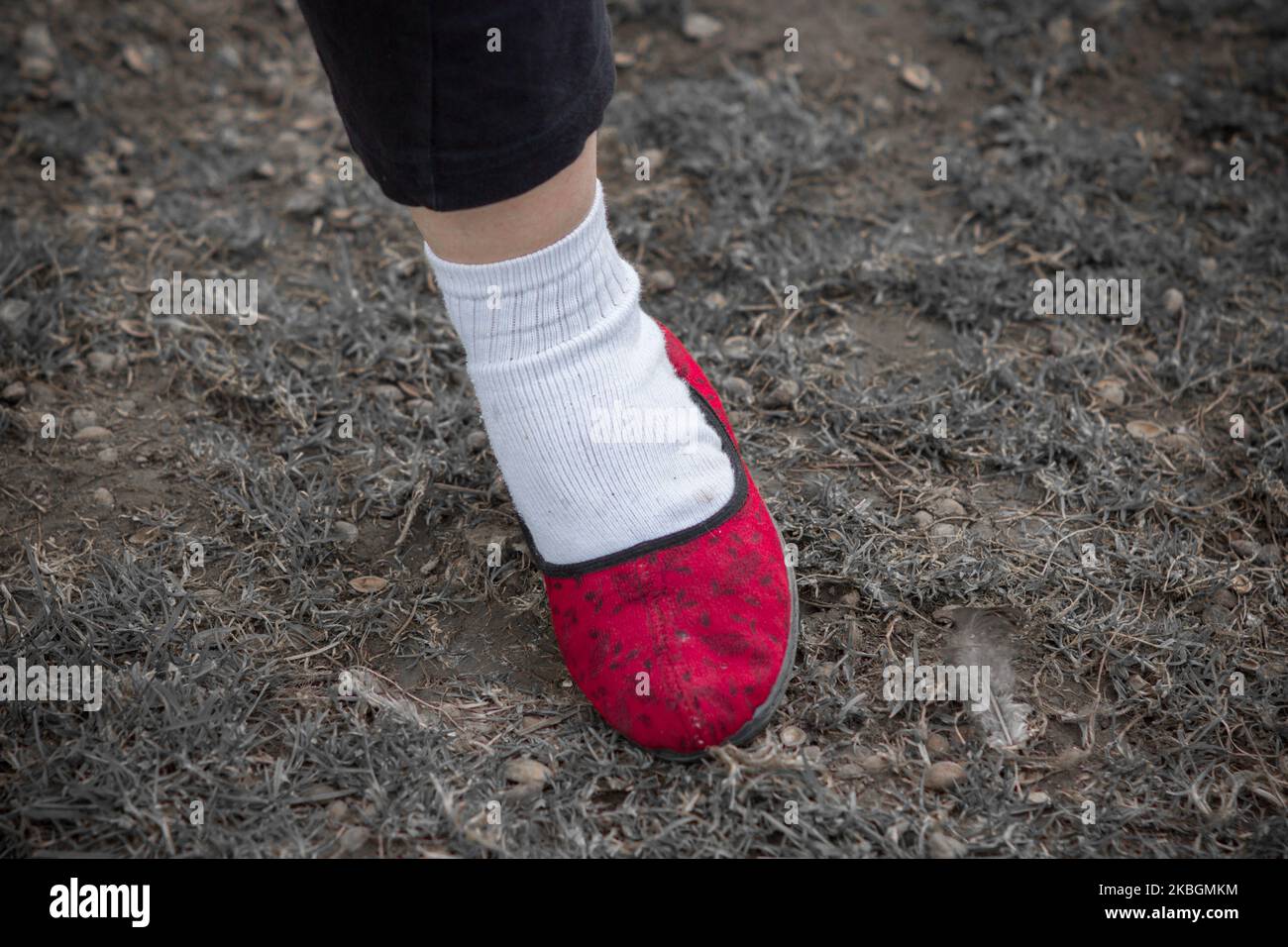 chaussons rouges à pied et chaussettes blanches habillées Banque D'Images